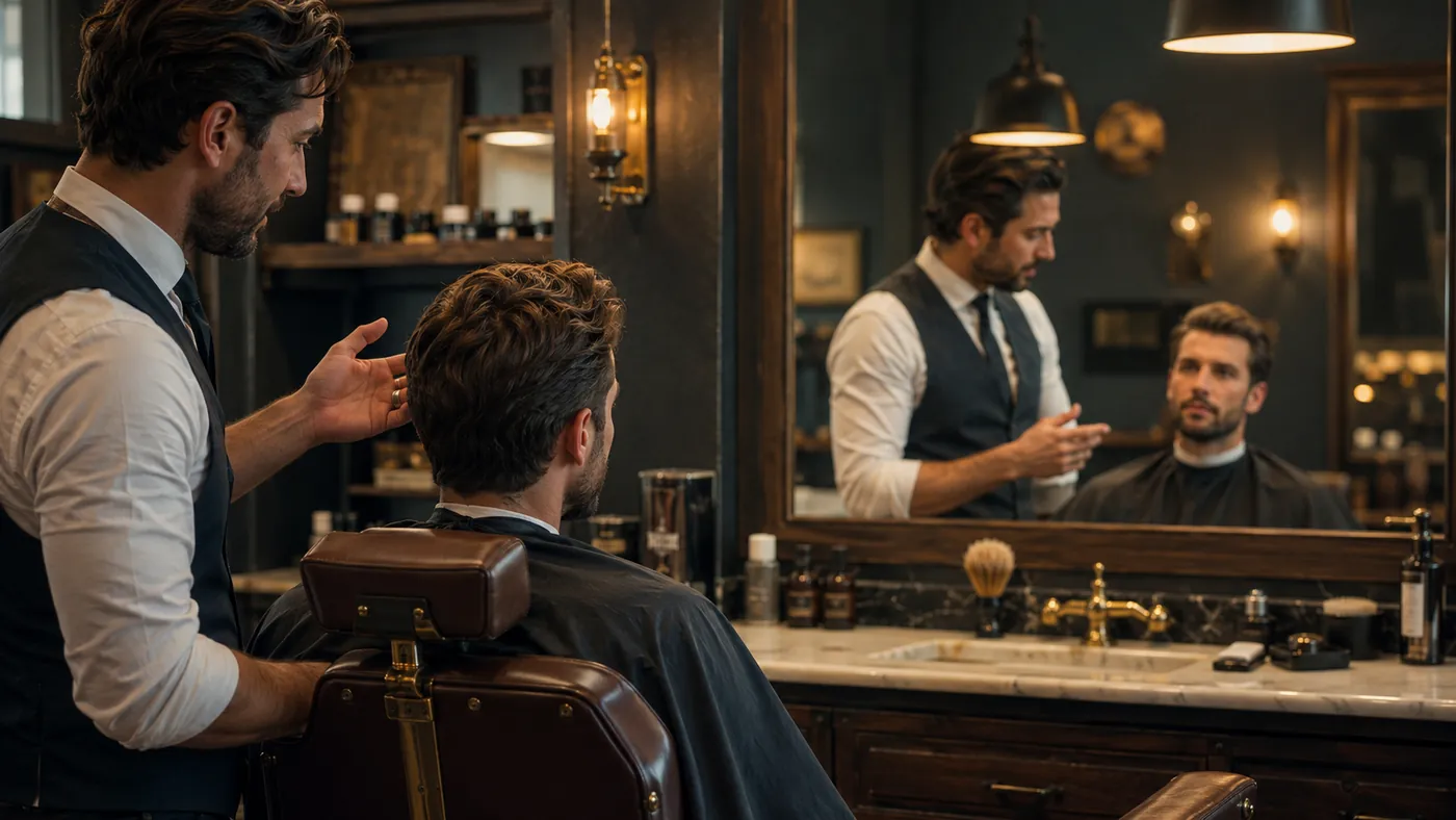 Un barbier échange avec son client avant de choisir une coupe homme
