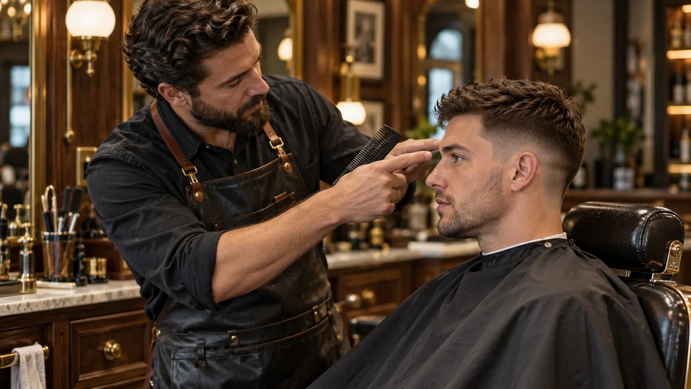 Un barbier montre à son client la zone de transition pour choisir entre taper et dégradé, illustration générée par IA